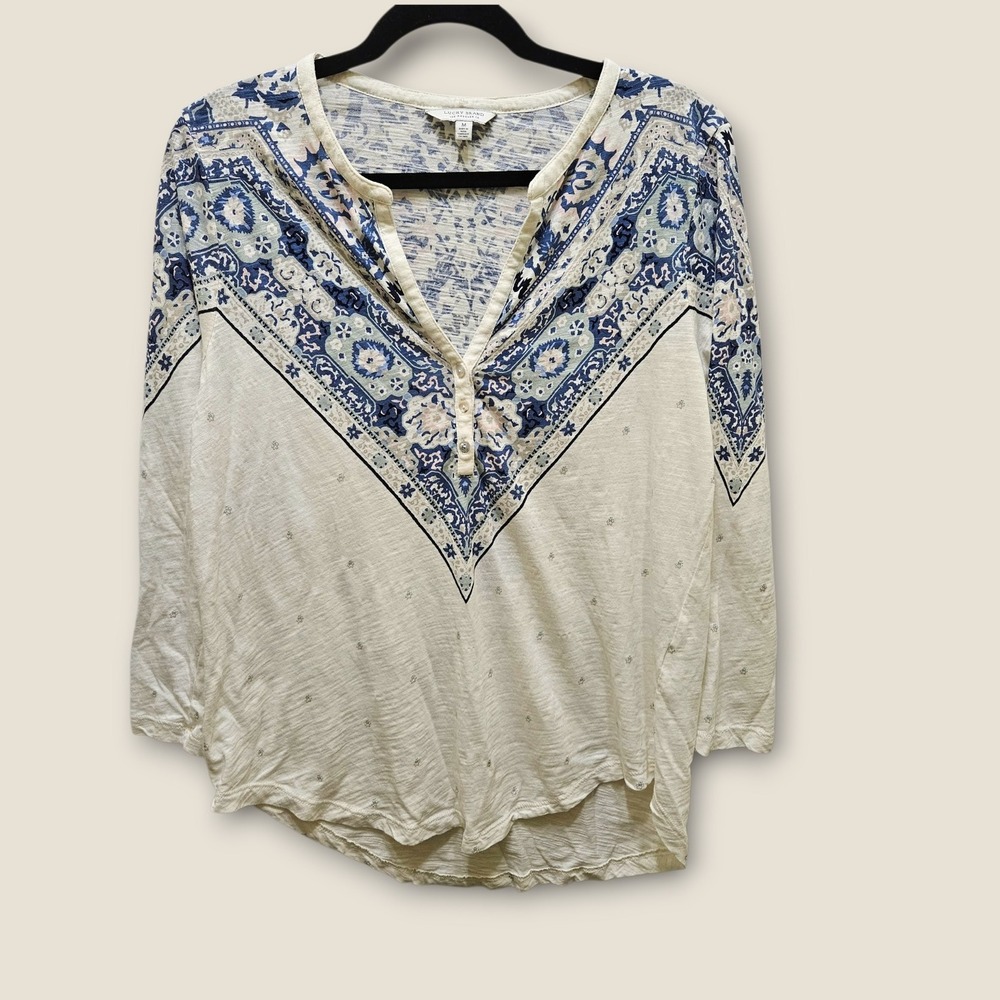Lucky Brand Womens‎ Top Medium Blue White Paisley Print Long Sleeve Blouse
